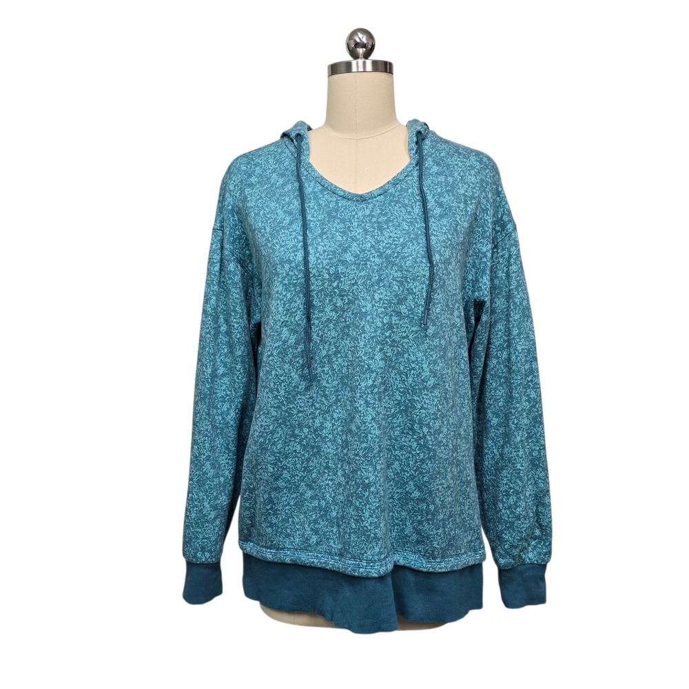 Athleta Sundown Alliance Hoodie Teal Floral Print V Neck Drawstring XS‎
